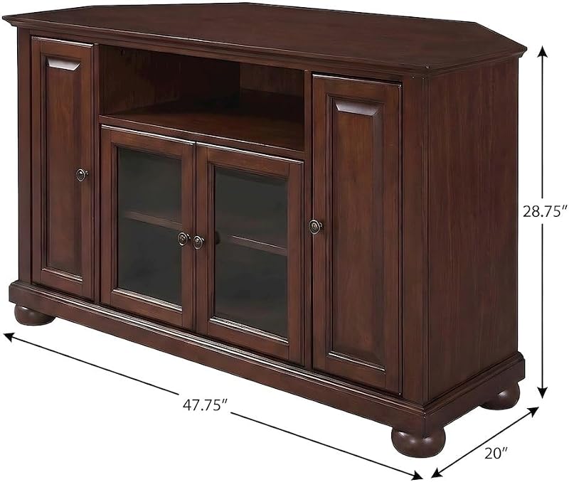 Furnifact Solid Rubberwood Corner TV Stand with Tempered Glass Doors and Cord Management, Anti-Tip Media Cabinet for Living Room and Bedroom, Mahogany image 6