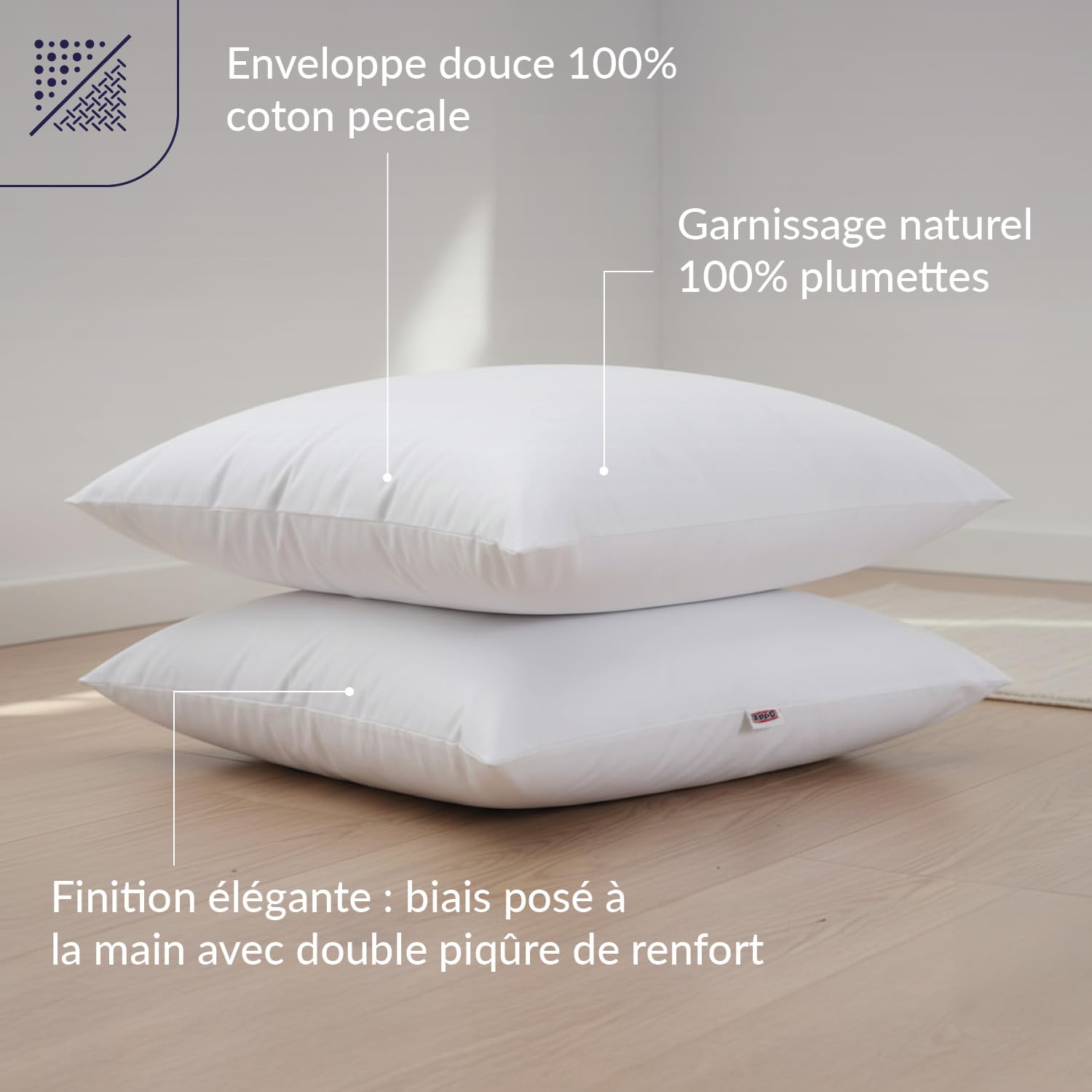 DODO - Lot de 2 Oreillers Meribel 60x60 cm - Confort Ferme, Biais Posé à Main - Enveloppe 100% Coton Percale - Garnissage 100% Plumettes - Lavable en Machine à 40°C
