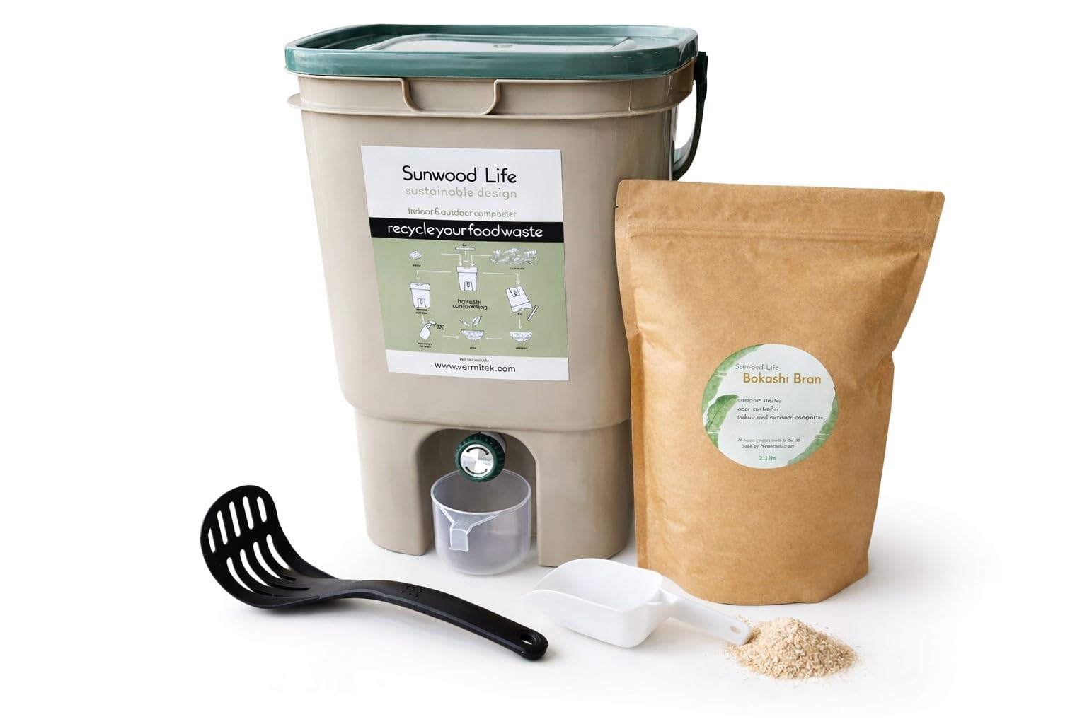 Indoor Bokashi Composter Starter Kit- Beige, 2.2 lb Premium Bokashi Bran Included, Easliy Turn Your Kitchen Wastes into Nutrition for Your Garden Soil