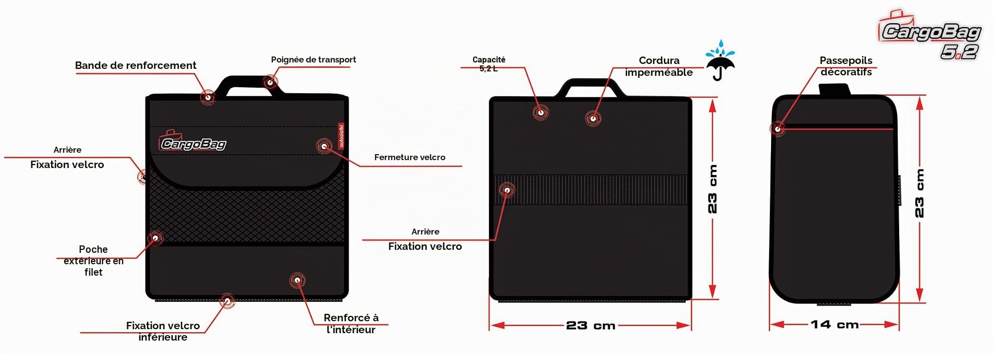 Cargo Bag Organisateur de Voiture Universel Imperméable Cordura Facile à attacher par Agrippante Rangement en voiture Compact Noir Capacité. 5,2 litres