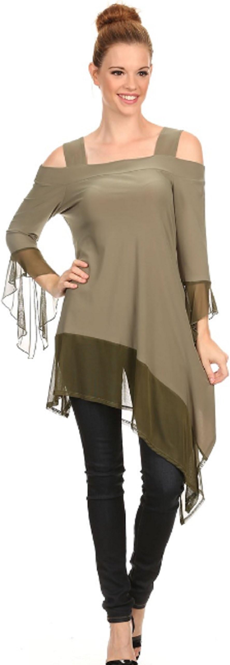 Love My Seamless Womens Solid 3/4 Ruffled Open Sleeve Cold Shoulder Tunic Top Asymmetric Hem