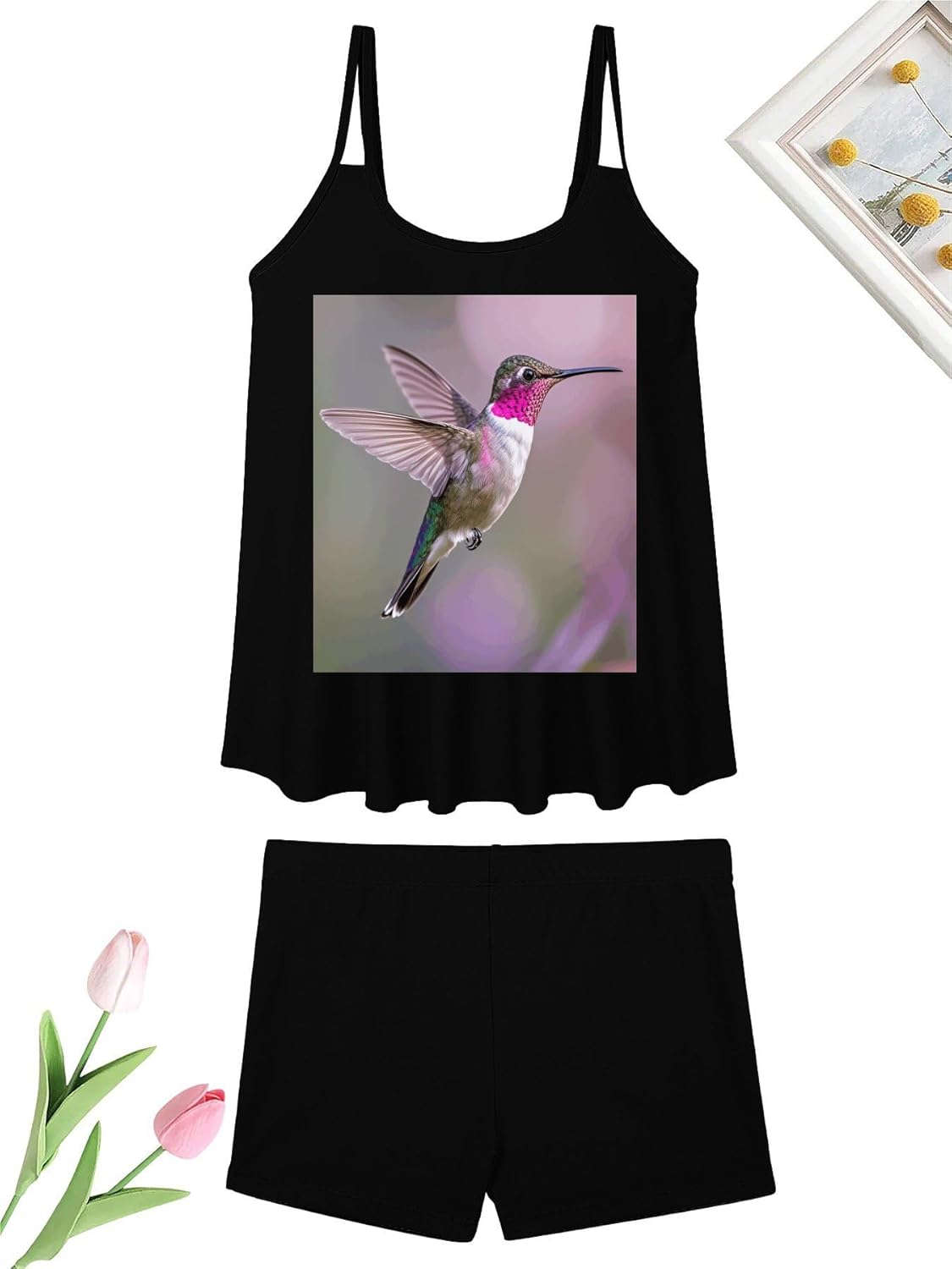 Humming Birds Tankini Swimsuits for Women Tummy Control Two Piece Bathing Suits Swim Tops with Boy Shorts