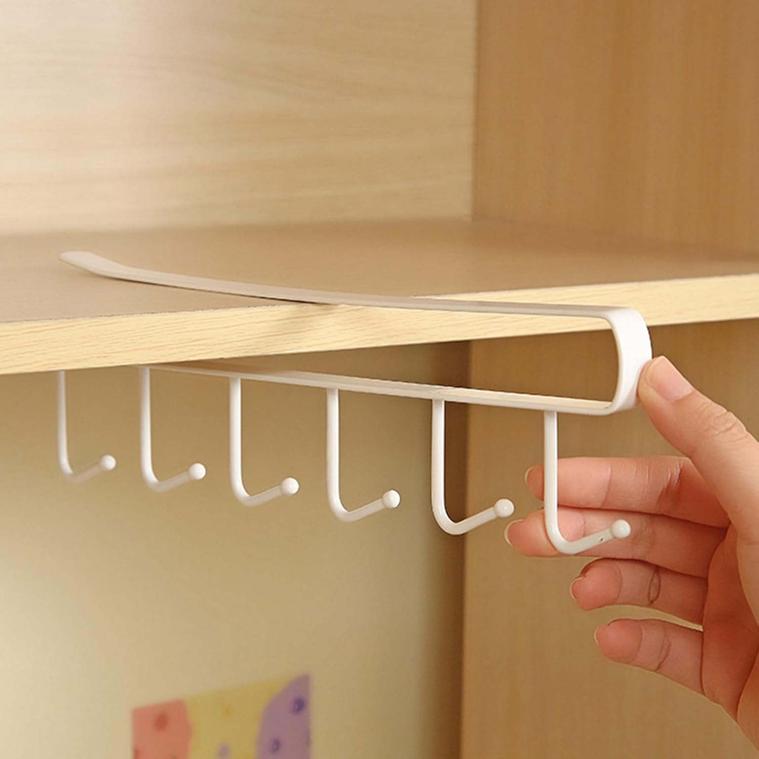 Rengue Under Shelf Hooks No Drill Under Cabinet Mug Rack 6 Hooks Iron Mug Organizer Hanger for Kitchen Utensils Hats Bags with Rust Sturdy 5kg Load (White)