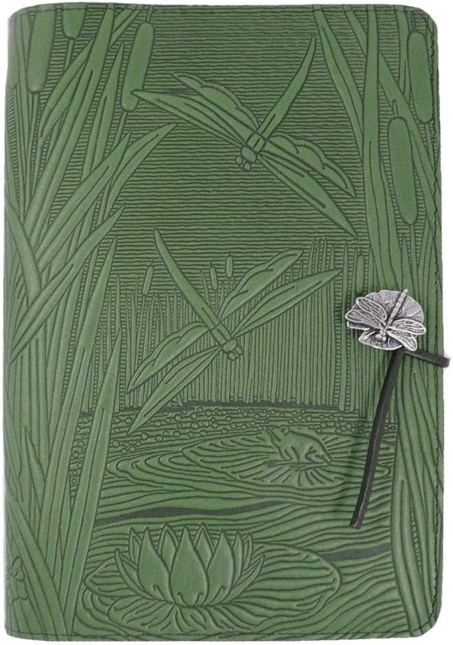 Modern Artisans Dragonfly Pond American-Made Embossed Leather Writing Journal Cover in Green, 6 x 9-inch + Refillable A5 Hardbound Insert Book