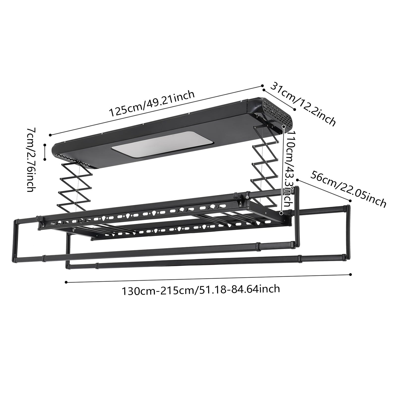 Elektrischer Wäscheständer Deckenlift Wäschetrockner, 130-215 cm ausziehbare Kleiderstange, Deckenmontage Trockner mit Fernbedienung, LED Lüftungsgitter, Smarte Wäscheleine