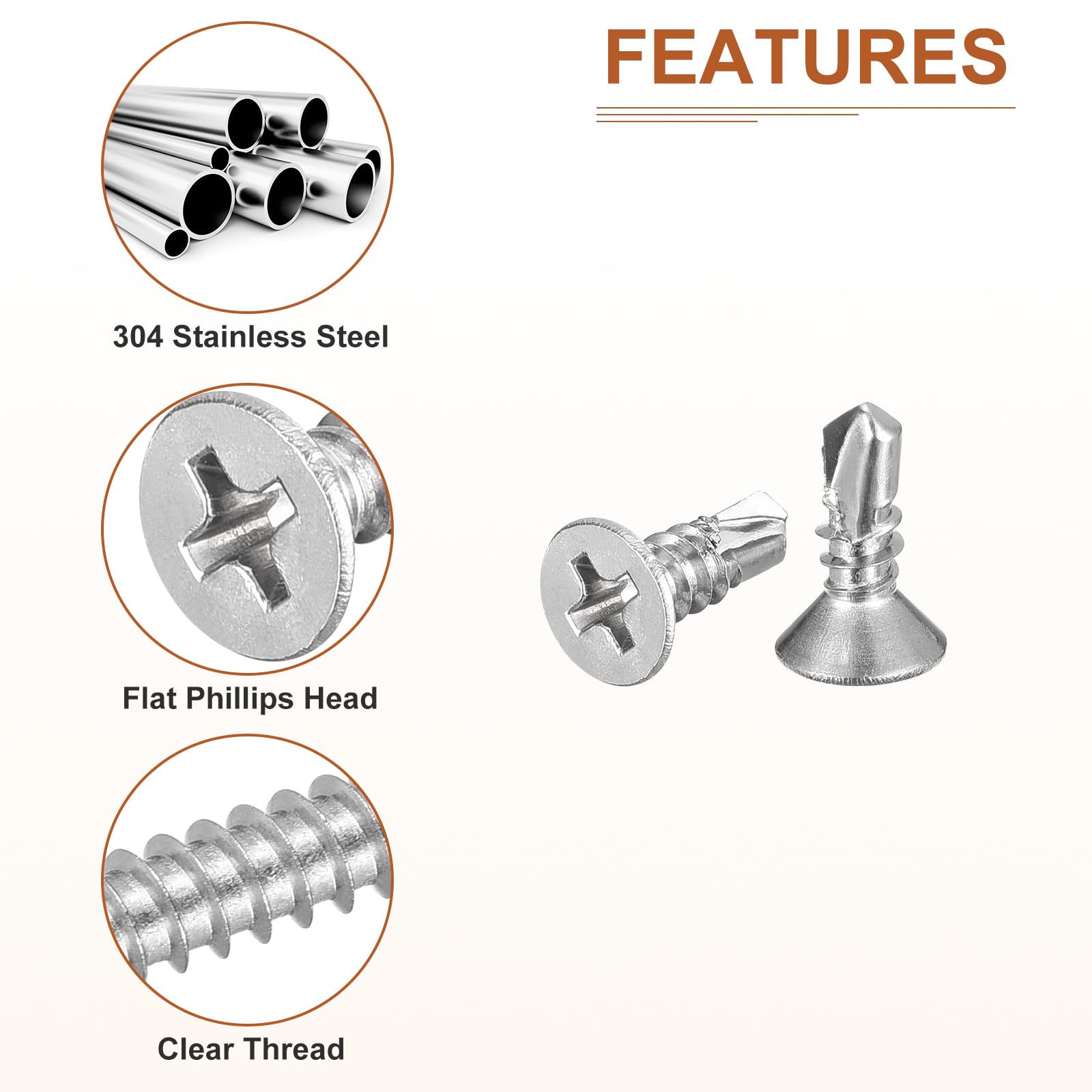 DTGN 100Pcs ST4.2x13mm Self Drilling Screws, 304 Stainless Steel Flat Head Phillips Sheet Metal Screw - Image 4