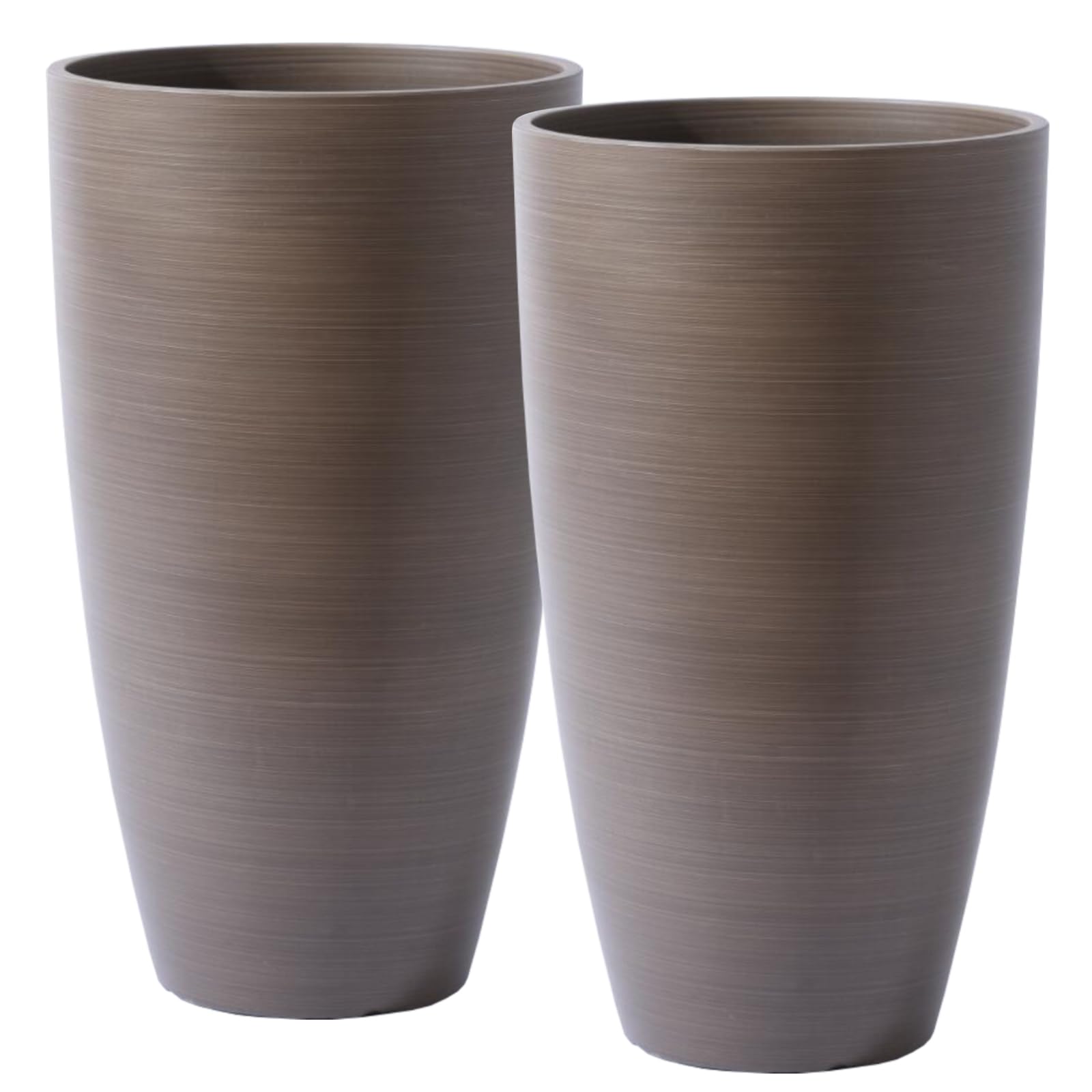 Large Lightweight Tall Plant Pots with Drainage Hole and Saucer, Set of 2 Plastic Planters Indoor Outdoor Flower Pot Tall Round Planters (Gold Wooden-Matte Finish) — image 1