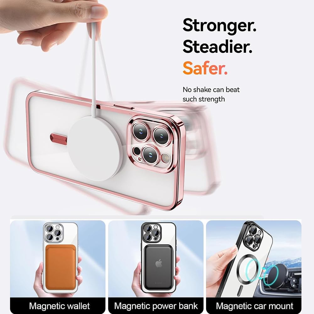 CaseLover Etui magnetyczne do iPhone 15, kompatybilne z MagSafe, przezroczyste, silikonowe, ze zdejmowanym sznurkiem, do zawieszenia, odporne na uderzenia, różowe złoto