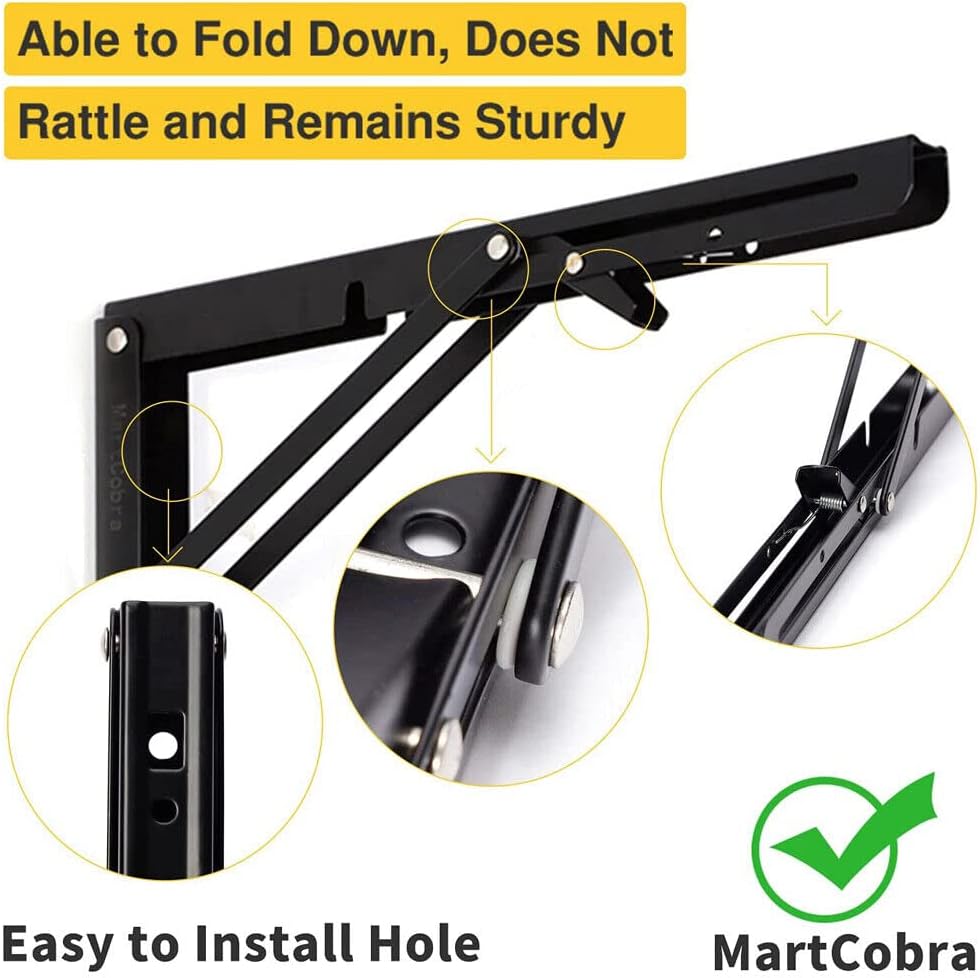Folding Shelf Bracket Max. Load 220 lb, Black Paint Wall Mounted Shelf Bracket DIY Space Saving for Table Work Bench, Pack of 2 (8 Inch)