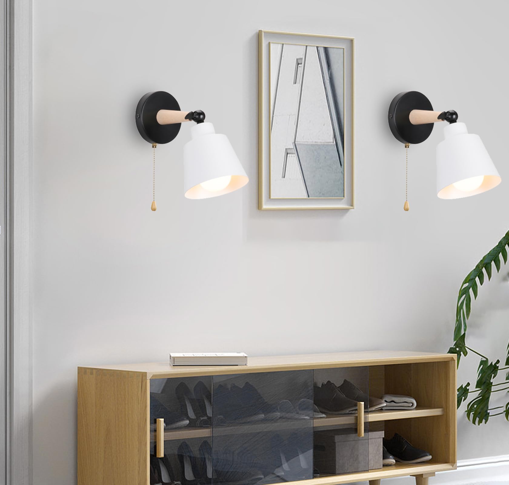 Applique Murale Intérieur avec Interrupteur, 2 Pack Vintage Lampe Murale E27 Bois Industrielle Luminaires Appliques pour Chambre Salon Couloir Blanc