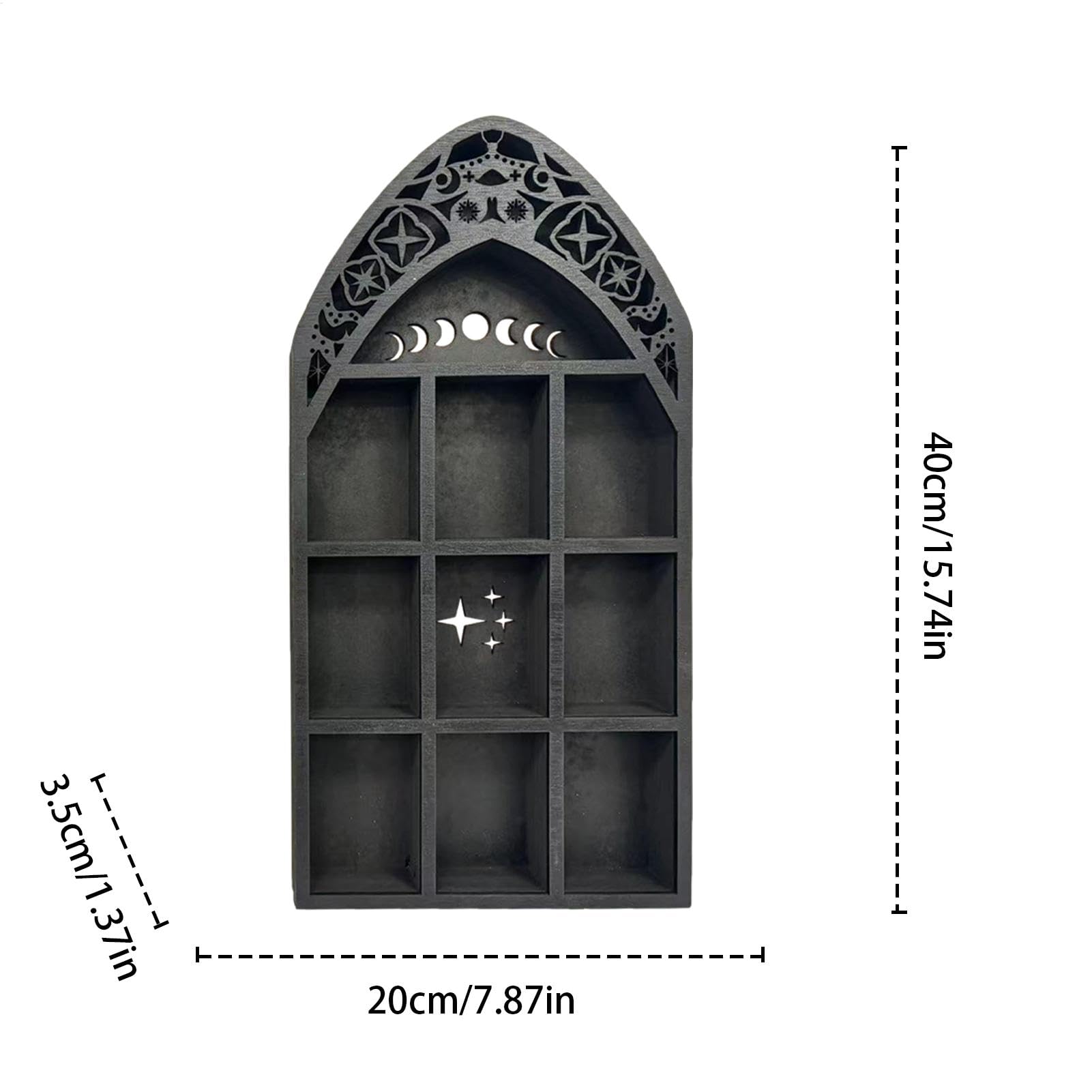 Präsentation von Moon Shelf, ein solides und robustes Regal mit einem Durchbruch aus Sonne, Mond und Sternen in der Mitte. Wandregal aus Holz – Stab