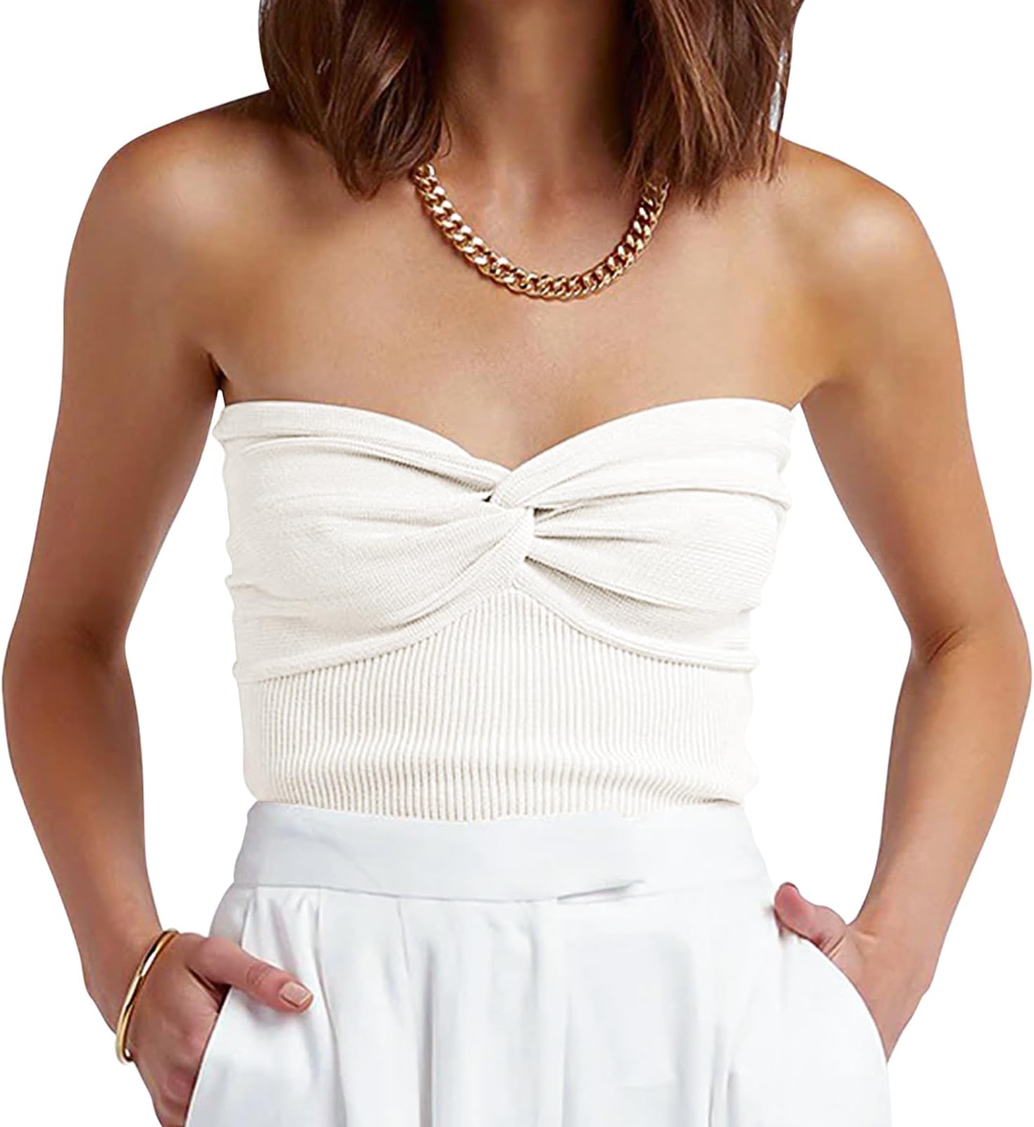 ANRABESS Tube Top for Women Summer Strapless Bandeau Knit Twist Knot Corset Crop Basic Tank Tops 2026 Vacation Beach Clothes