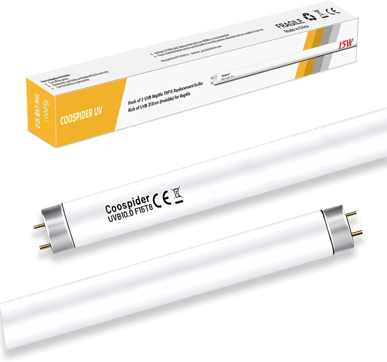 COOSPIDER UV 2-Pack UVB UVA Reptile Light 10.0 Bulb, 15W 18inch T8 Fluorescent Desert Lamp, UVA for Bearded Dragon Tortoise Reptile & Amphibian (T8 15W 18inch 10.0 Bulb G13)