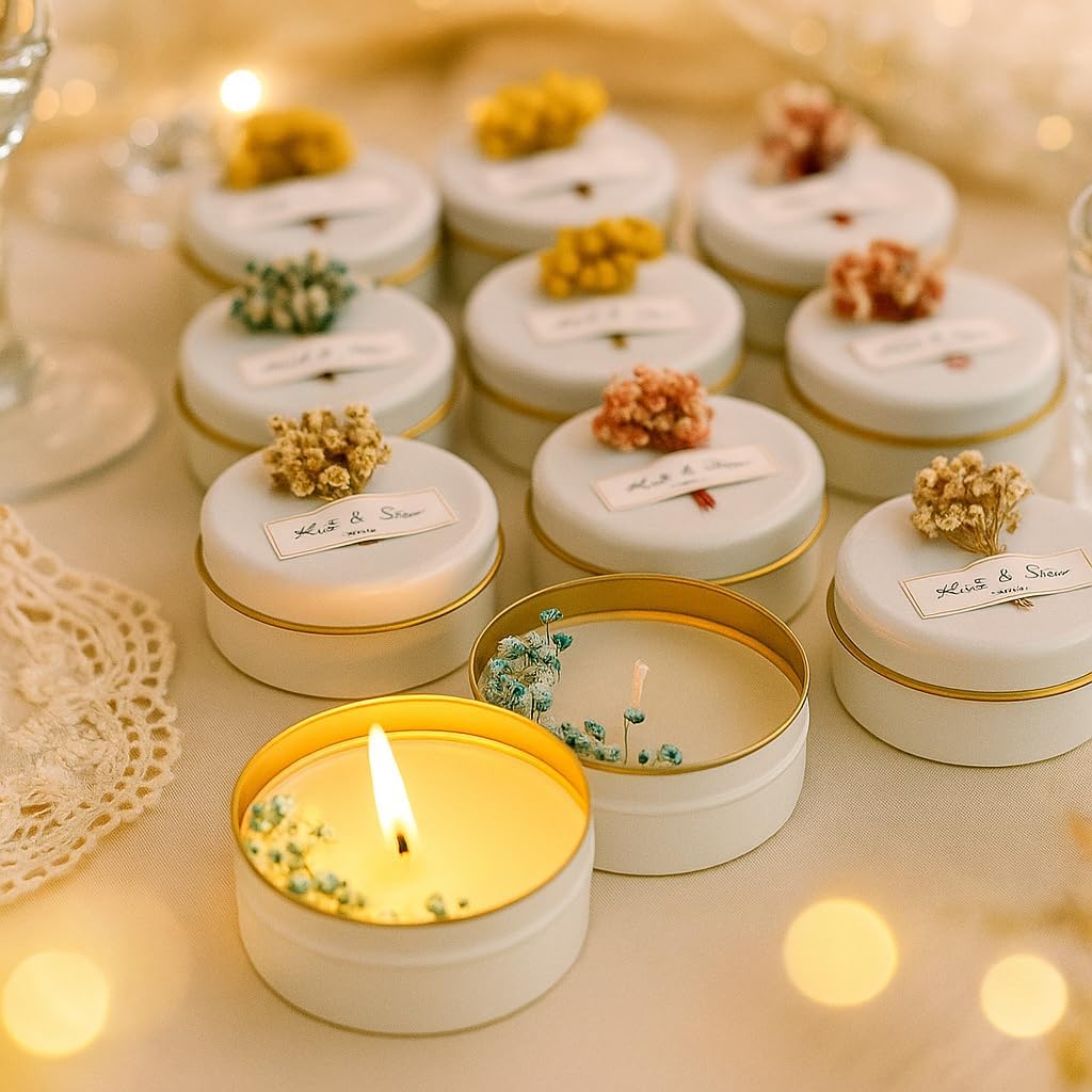 Personalized Natural Soy Wax Wedding Favor Candle Gift Set for Guest - Fall Winter Christmas Custom Dried Flower Bridal Baby Shower Gifts in Bulk (30 Pieces, Pink Flower)