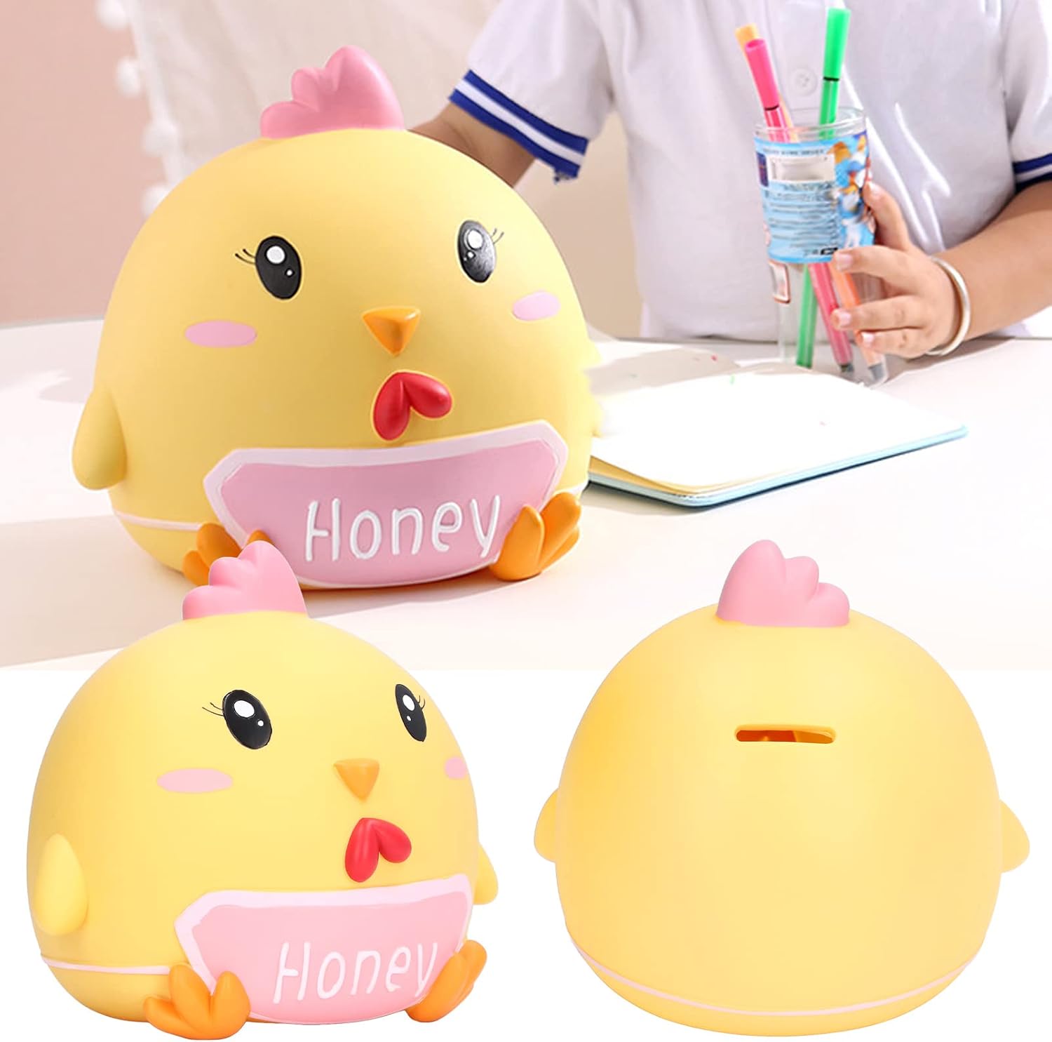 Cartoon Chicken Piggy Bank for Kids - Large Capacity Vinyl Coin Bank, Unbreakable Hand Painted Money Box for Boys Girls, Home Decor Birthday (Yellow)