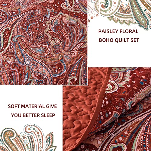 Djy Red Paisley Quilt Set Queen Size Boho Quilt Bedspread Set 3 Pieces, Soft Lightweight Microfiber Coverlet Set Paisley Floral Pattern Bedding For All Season, Rust Red 96''X90'' #TOP4