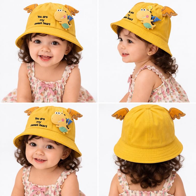 Yanwenx Kids Bucket Hat with Cartoon Patch & Wing Design – Cotton Summer Cap for Boys & Girls (2-5 Years) Breathable Sun Protection Outdoor Hat Yellow 3