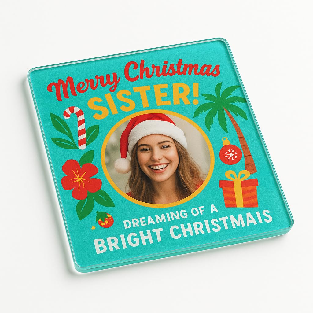 The Plum Penguin Sister Personalised Acrylic Coaster Gift With Tropical Christmas Design - Festive Photo Decor For 'S Holiday Cheer