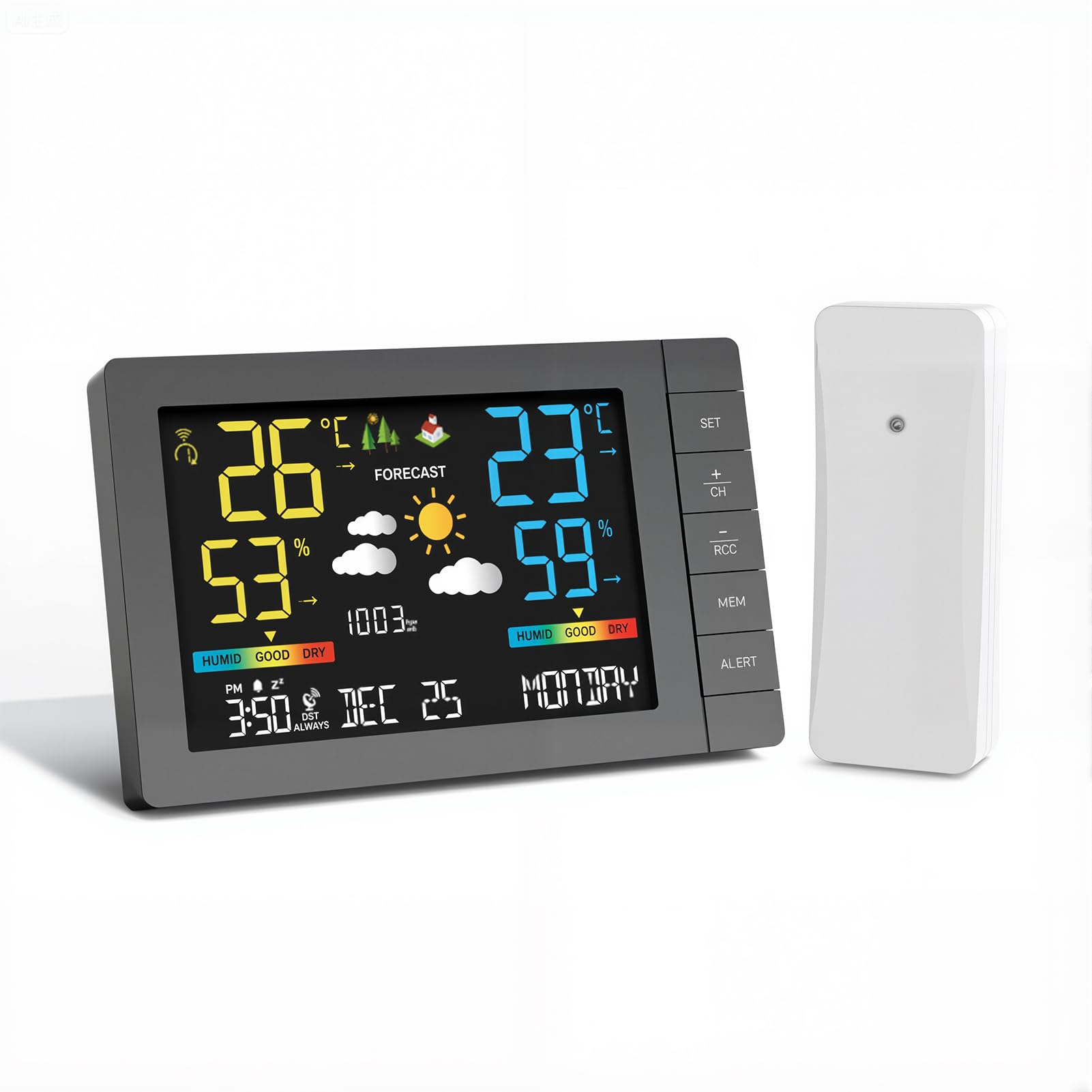 Station météo sans fil avec capteur extérieur, prévisions météorologiques, température, humidité, réveil, pression atmosphérique, distance de transmission de 100 m, station météo avec capteur