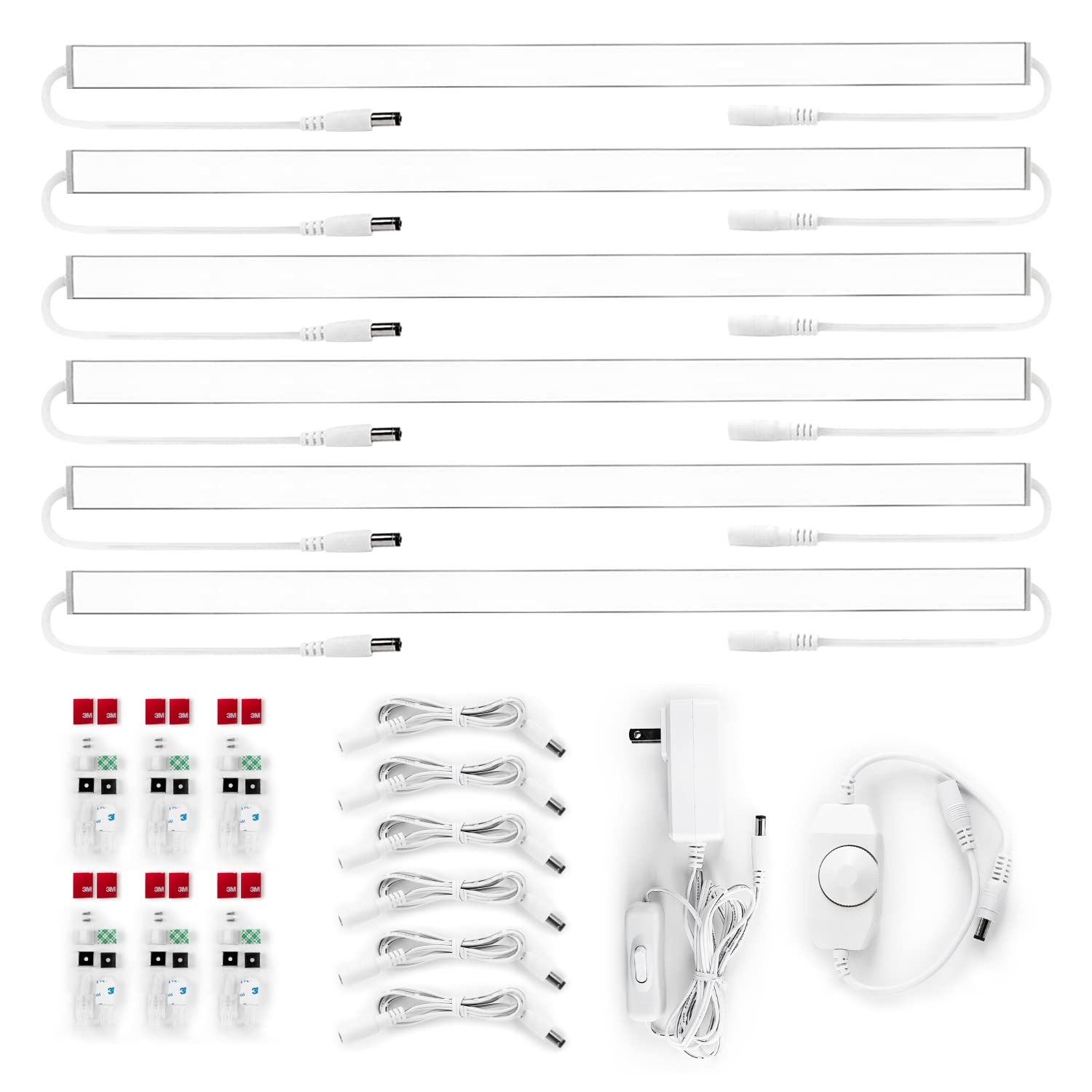 Parmida (6 Pack) LED Ultra-Thin Under Cabinet Light, 12 Inch, 24W, Linkable, Dimmable, Power & Dimmer Switch Included, 1440lm, Counter Light, Closet Lighting, 6000K, 12V, ETL, Accessories Included