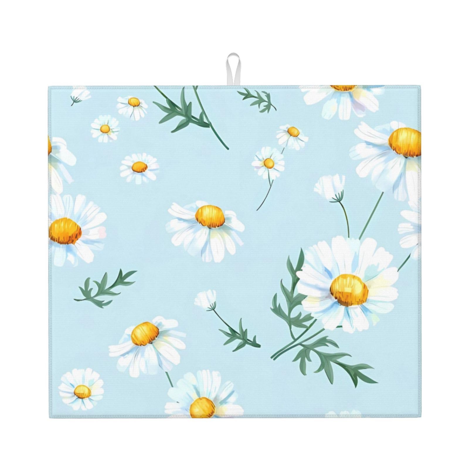 WHJSSF Daisy Prints Kitchen Drying Mat – Absorbent Dish Throw for Countertops, Quick-Dry Non-Slip Layer with Stylish Prints, Ideal Housewarming Gift