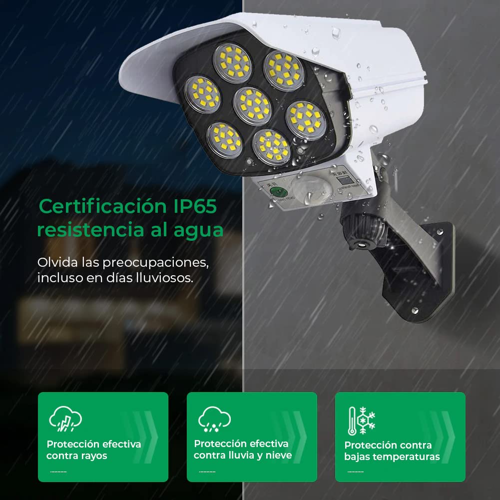 Cámara vigilancia falsa exterior - 80 luces LED - Sensor de Movimiento - Resistente al agua y polvo - Auto Recarga Solar