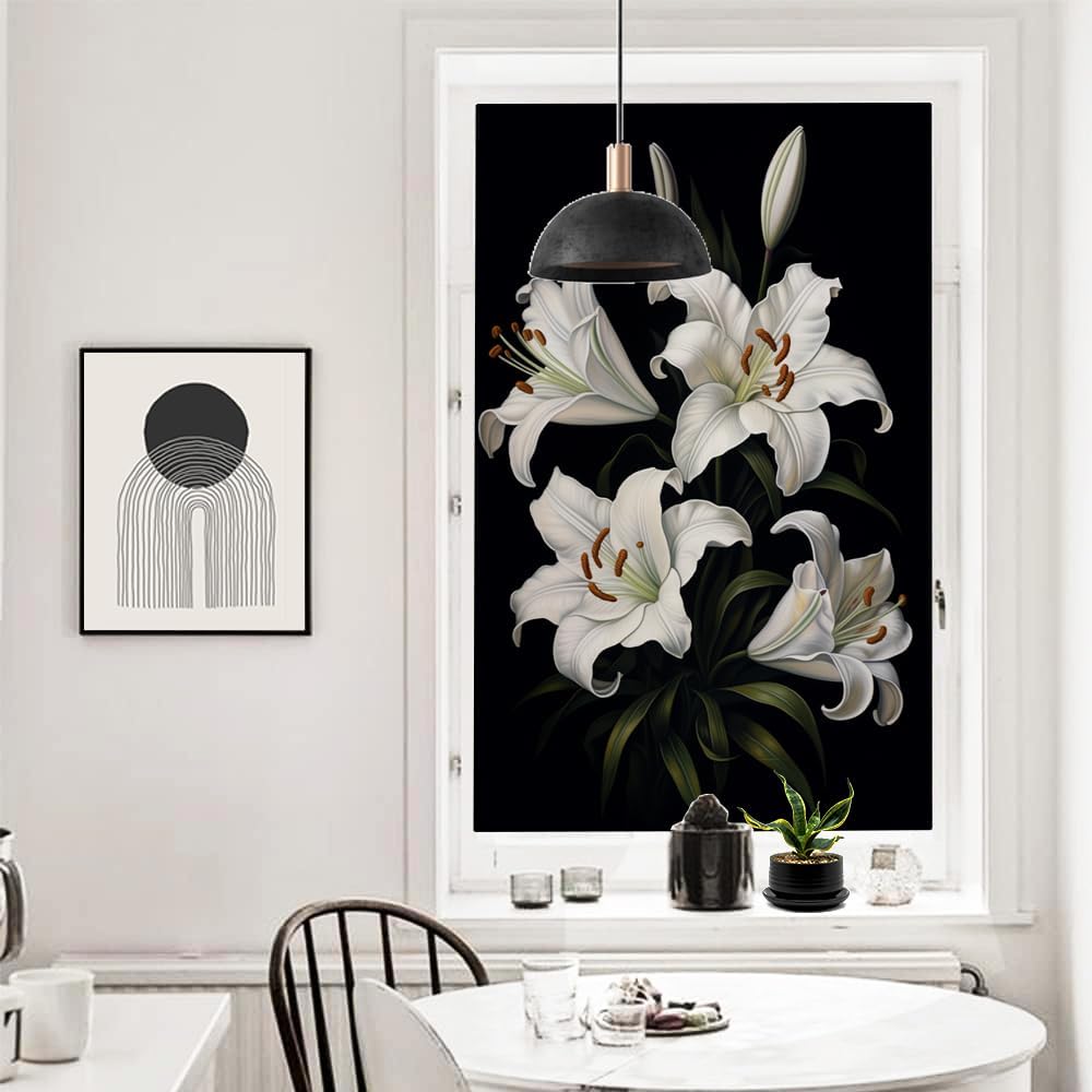 Rustic Lilies Window Film Privacy Vintage Nature Flower Landscape Window Stickers for Glass Decorative Stickers Self-Adhesive Sun Blocking Coverings 35.4Wx63L-inch