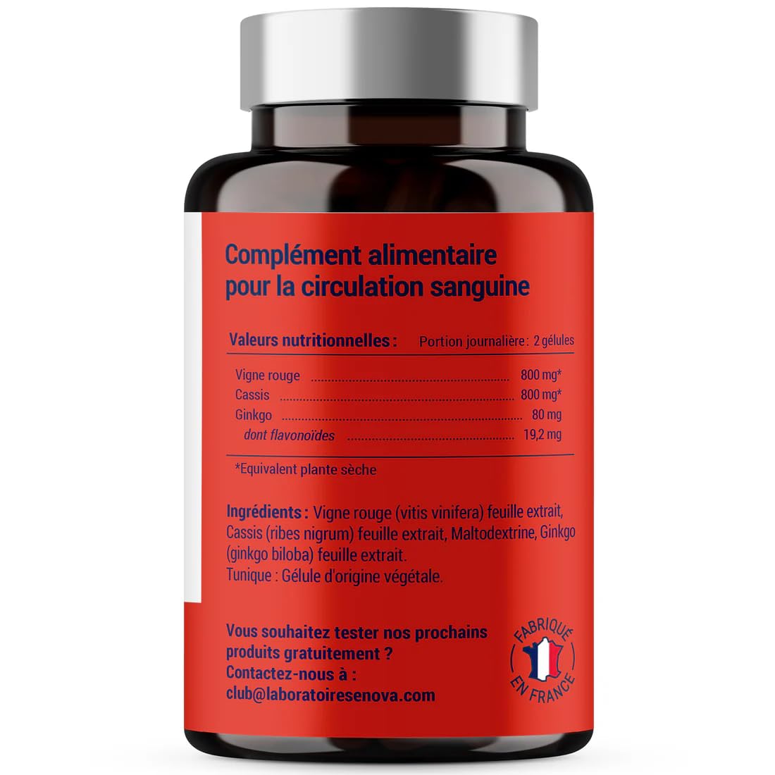 FORMULE CIRCULATION Sanguine, veineuse | Jambes lourdes, Rétention d'eau | Vigne Rouge (hautement dosé), Cassis, Gingko Biloba | 60 gélules | Complement alimentaire