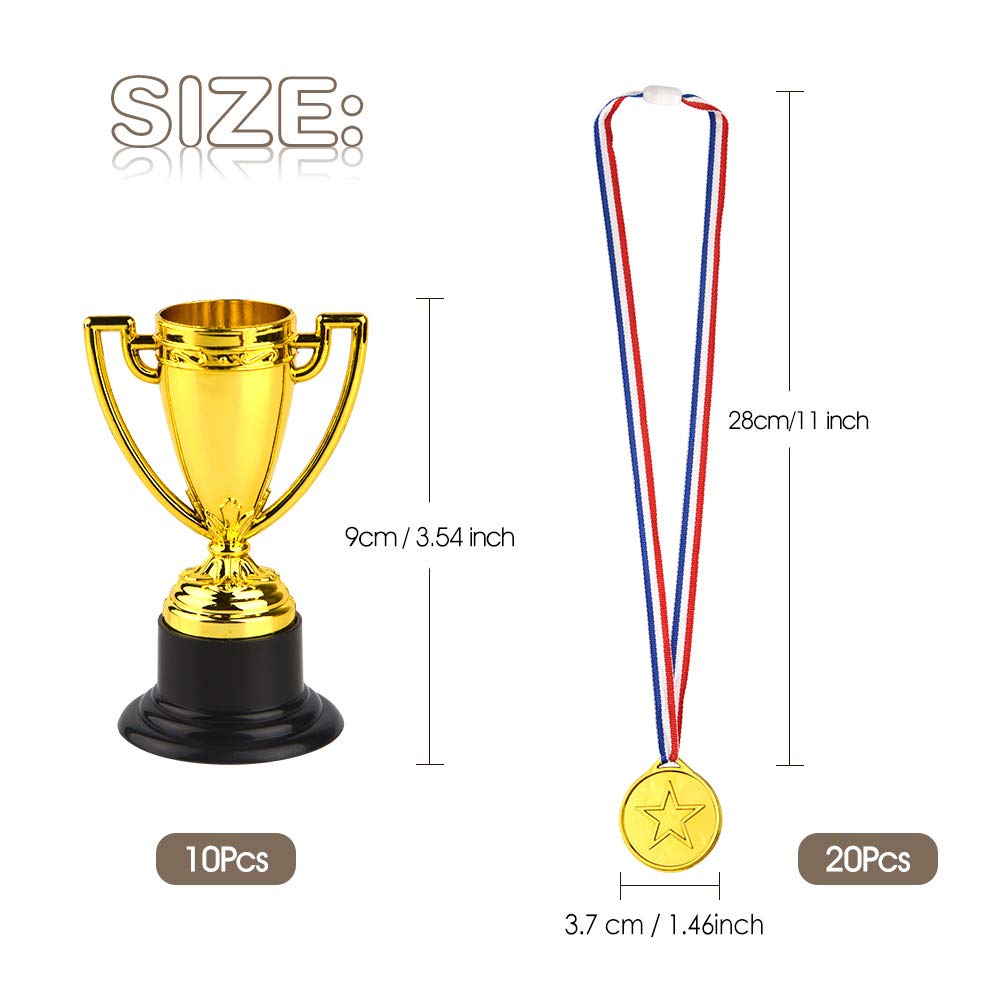 FEPITO 30 Piezas de trofeos de medallas Set 10 Piezas de Trofeo de plástico de Oro y 20 Piezas de medallas ganadoras para Kid Party Sports Awards - 2