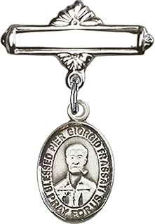 Sterling Silver Baby Badge with Blessed Pier Giorgio Frassati Charm and Polished Badge Pin 1 X 5/8 inches