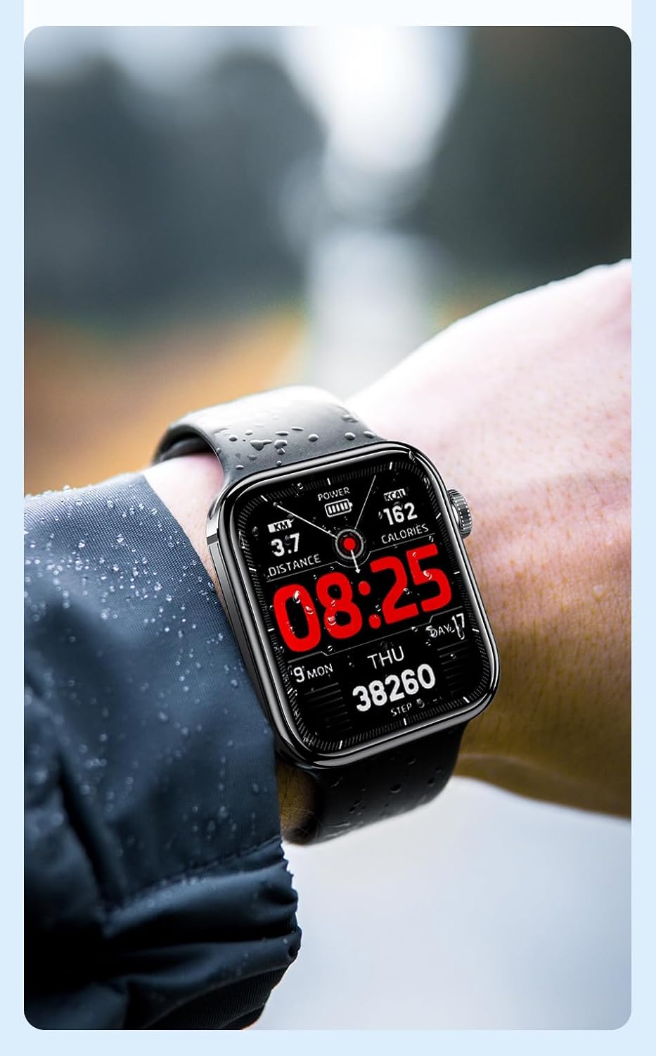 A person wearing the Awei H15 Smartwatch on their wrist in light rain, demonstrating its water resistance.