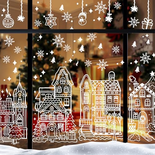 AhfuLife Large Christmas Window Stickers Decorations, 70x40cm, 4 Sheets Reusable Xmas Snowflake Snowman Window Clings Decals Double Side Decals for Home Party Indoor Shop Decorations