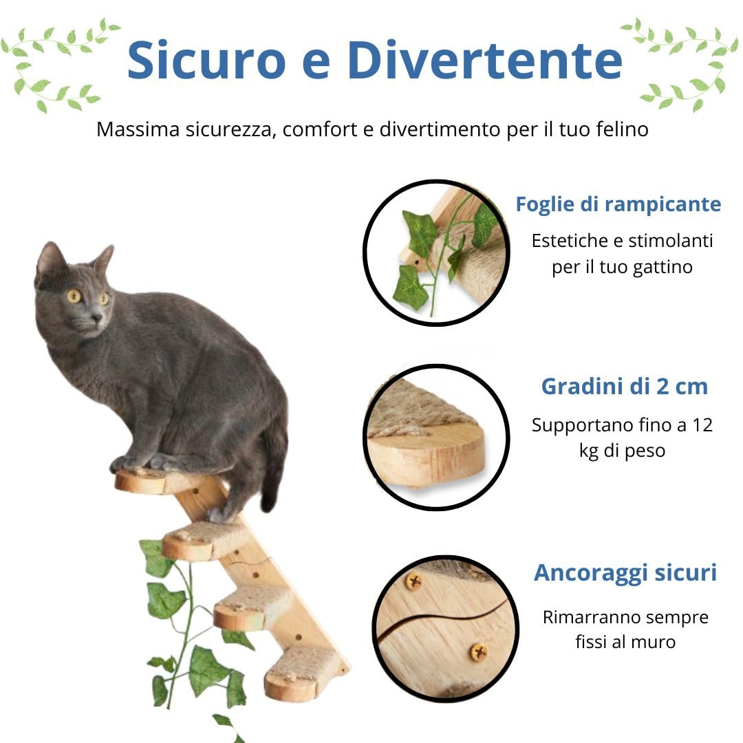 Scala per gatti bidirezionale, scaletta da parete resistente ed elegante, mensola da parete in legno massiccio con corde di iuta