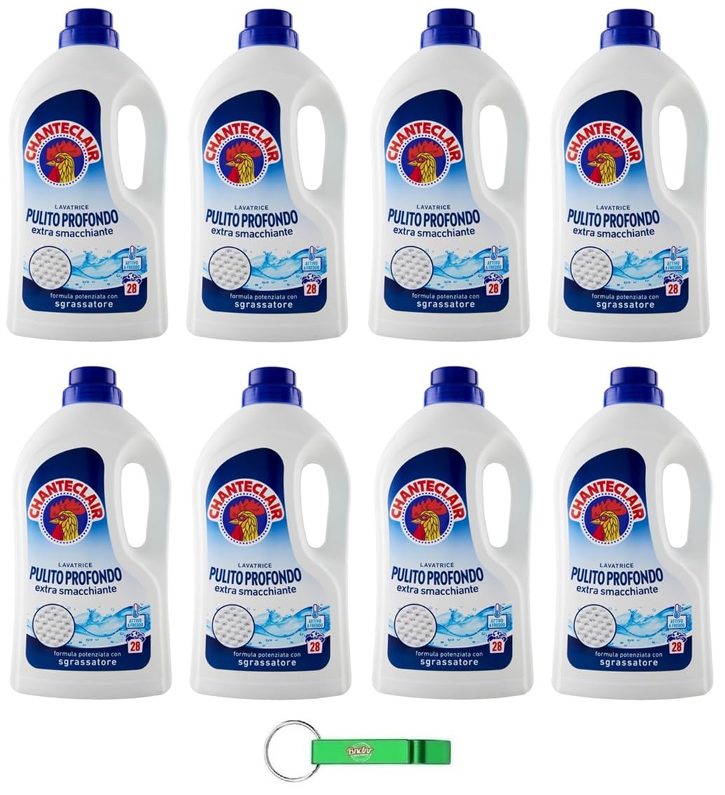 8 x Chanteclair Lavatrice Pulito Profondo Detersivo Liquido - Detersivo liquido per lavatrice - detersivo con sgrassatore 28 lavaggi 1260 ml + portachiavi Beni Culinari