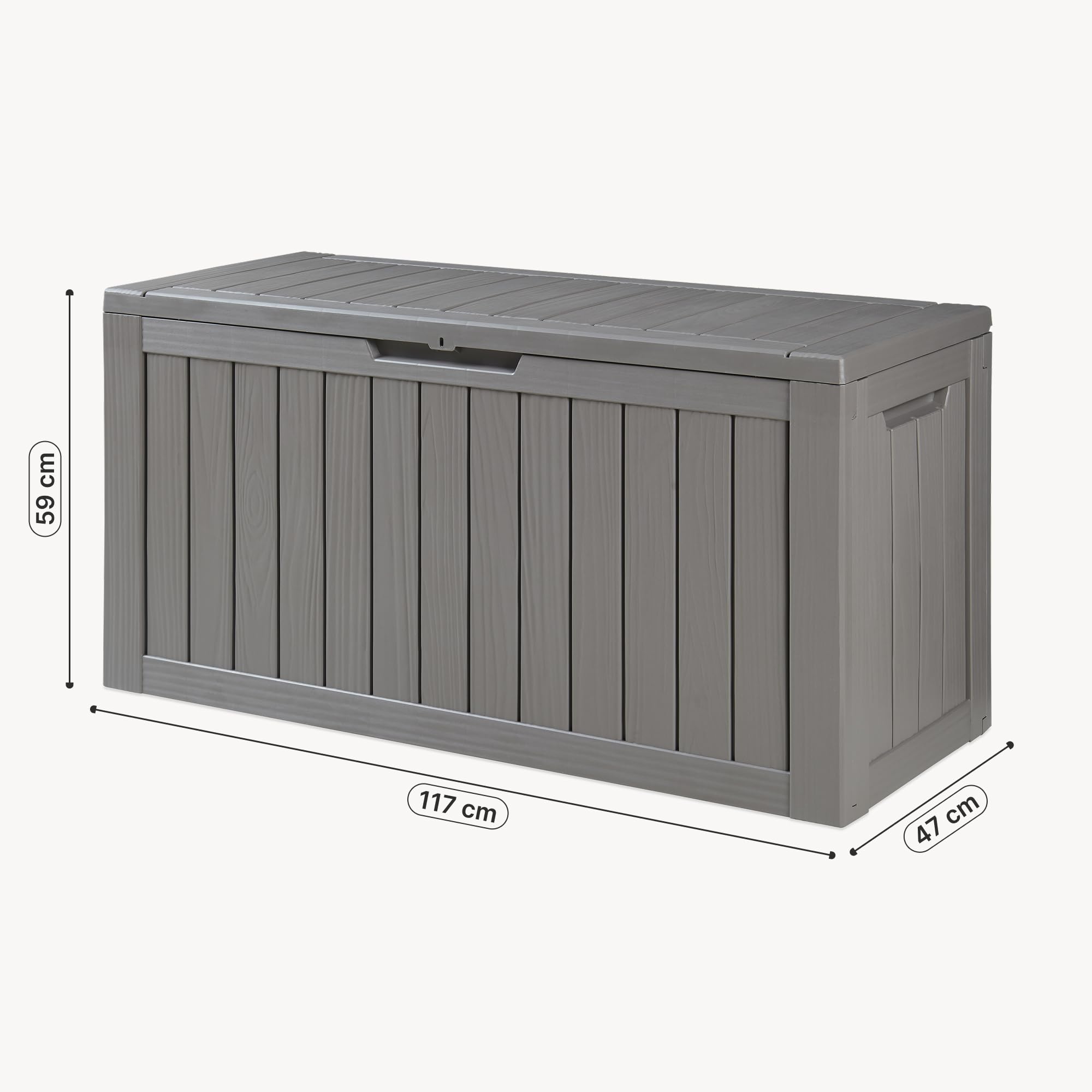 casa.pro Baule da Giardino Contenitore per Esterno Portatutto da 300 L in Plastica Cassone Multiuso Impermeabile Attrezzi Cuscini per Balcone Patio Outdoor 117x47x59 cm - Grigio Chiaro, Effetto Legno