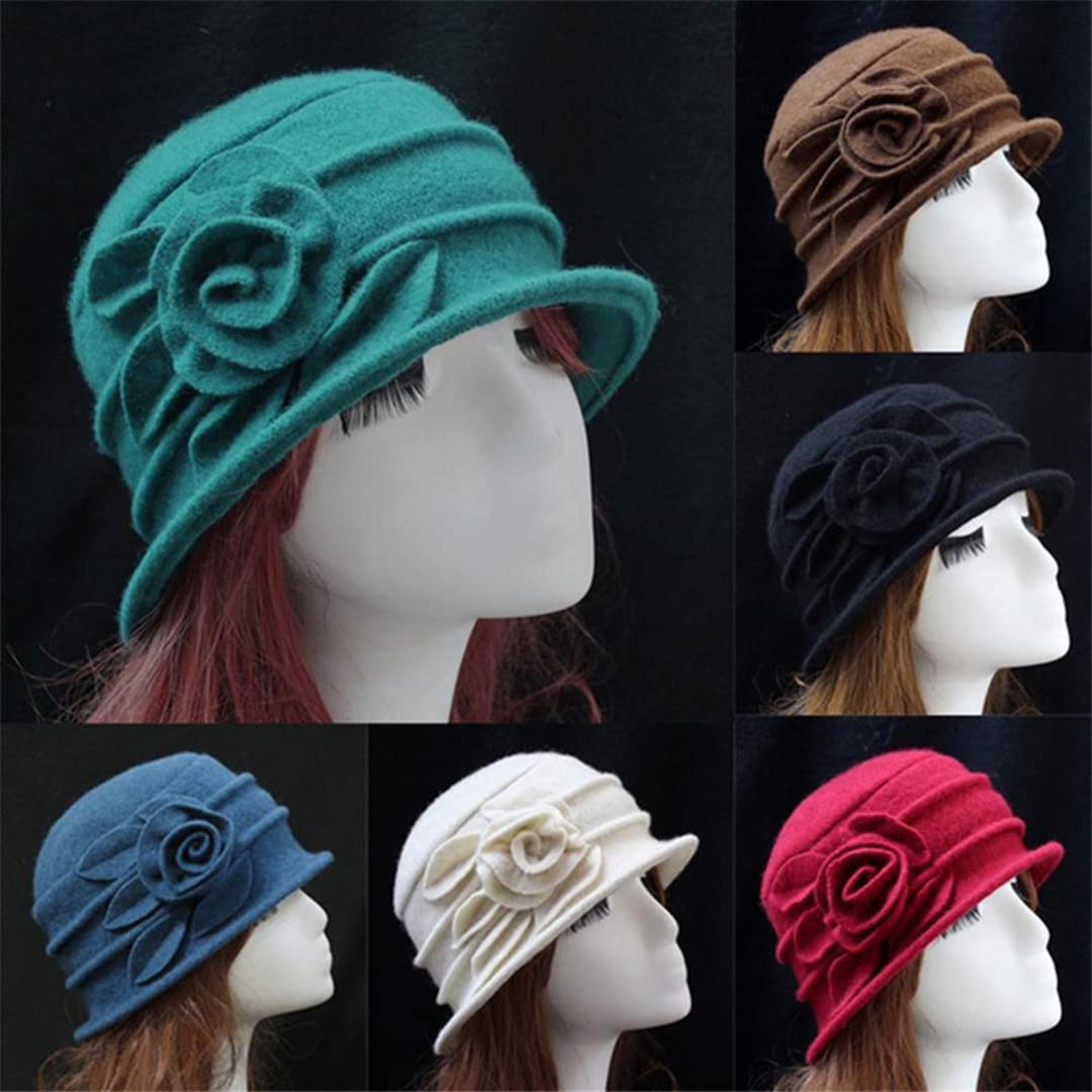 Lmtossey Chapeau Flapper en Laine pour Femmes Lady Bucket Winter Flower Cap