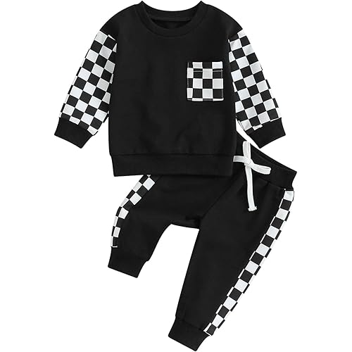 Toddler Baby Boy Fall Outfit Checkerboard Patchwork Long Sleeve Sweatshirts Elastic Waist Pants Cute Newborn Clothes Set