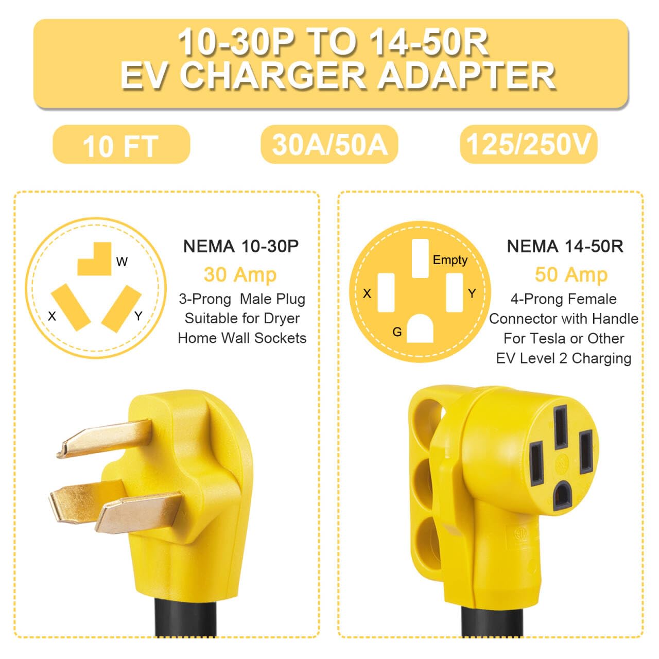 Cable adaptador de cargador EV de 10 pies compatible con NEMA 10-30P a 14-50R, secadora de 3 clavijas de 30 amperios a 50 amperios y 4 puntas EV para carga Tesla o EV nivel 2
