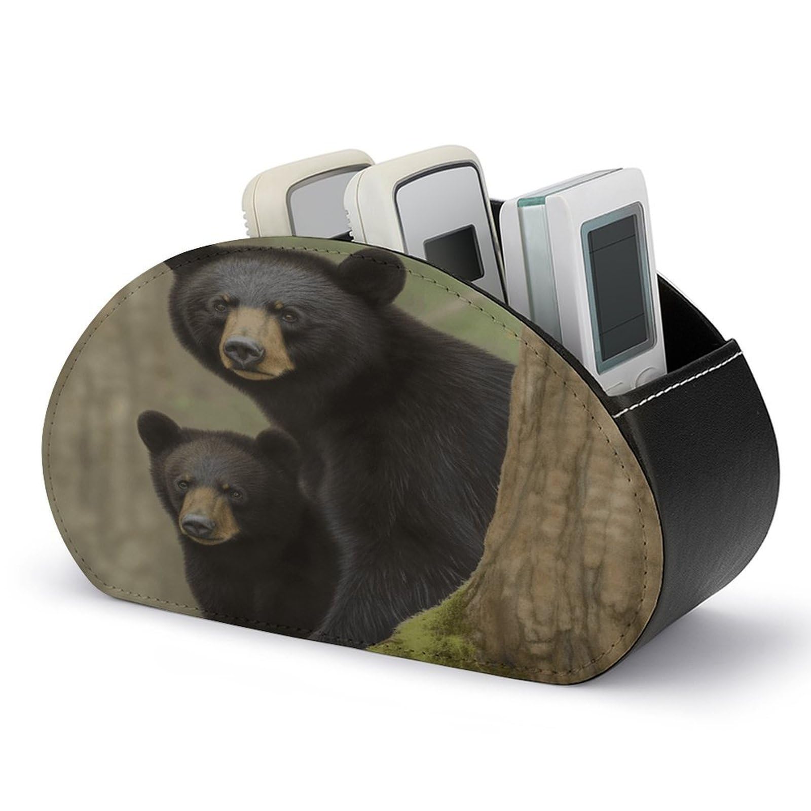 VstaDank Black Bear Mother And Cub Remote Control Holder with 5 Compartments PU Leather TV Remoter Caddy Desktop Organizer TV Remote Holder Remote Box for Media Controllers Office Supplies
