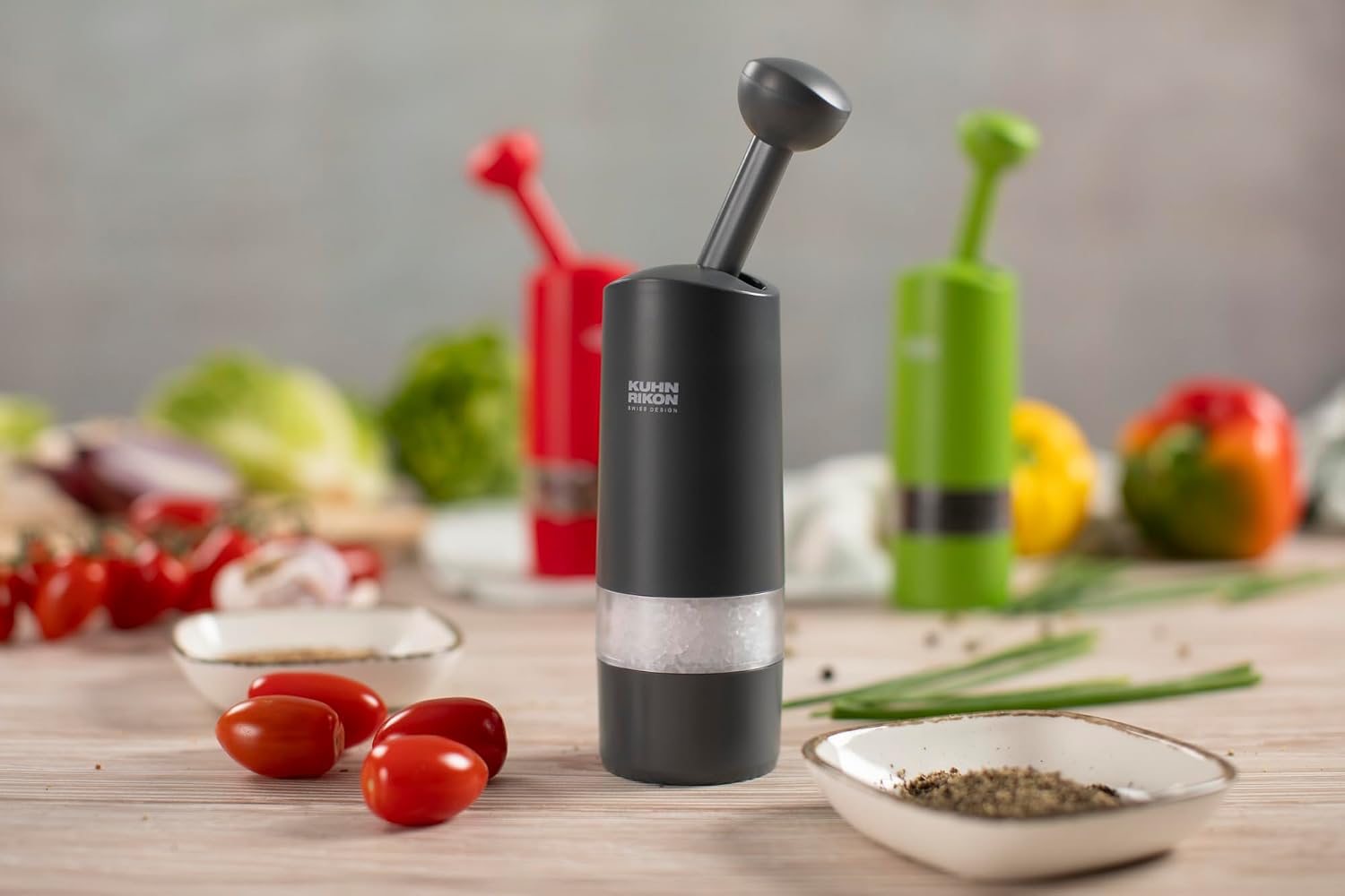 Kuhn Rikon Ratchet Grinder, Ceramic Spice Mill for Salt Pepper and Dried Herbs, Adjustable Coarse to Fine, Easy Refill, Ergonomic One Hand Spice Grinder, Seasoning Mill, Grey