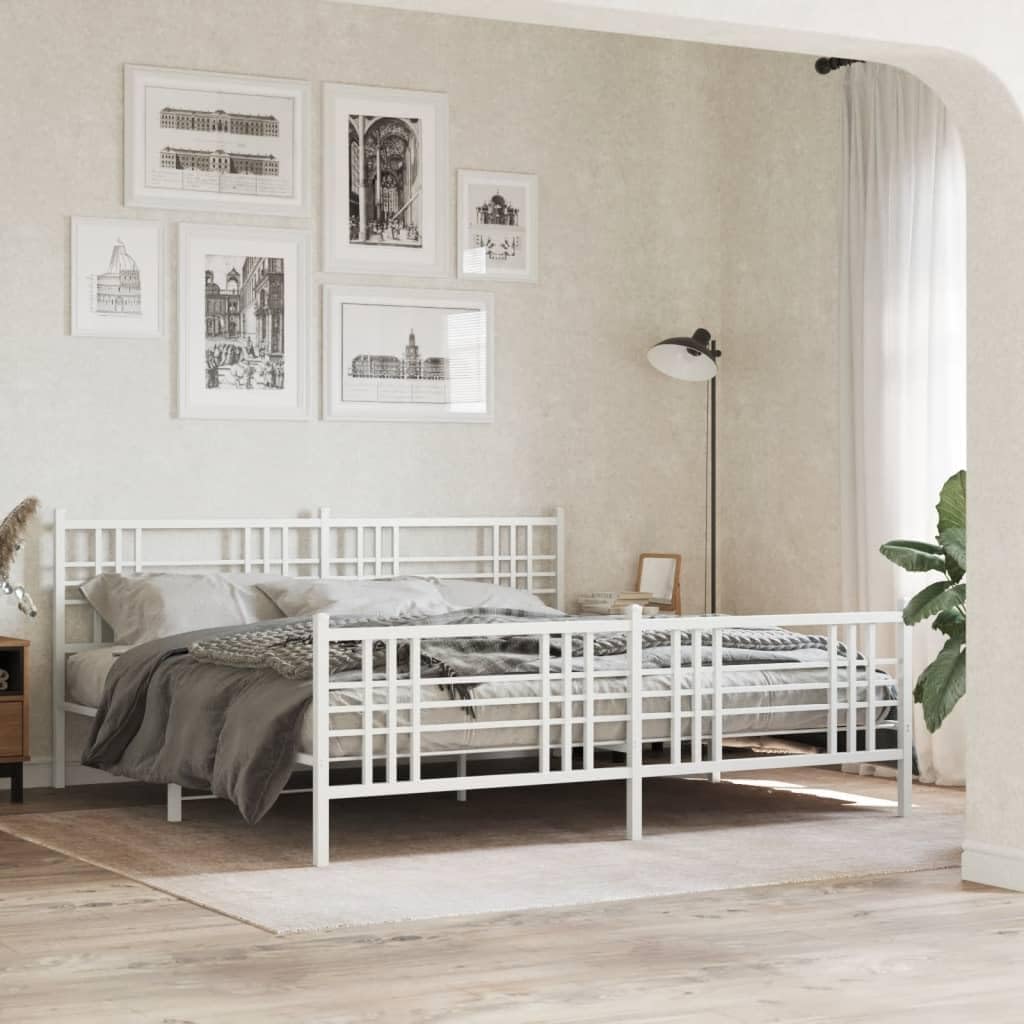 White Steel Double Bed Frame Sturdy Heavy-Duty Platform Foundation with slatted Mattress Support Rectangular Modern Minimalist Bedroom Furniture for Stable no-Box-Spring-Needed Easy-Assembly