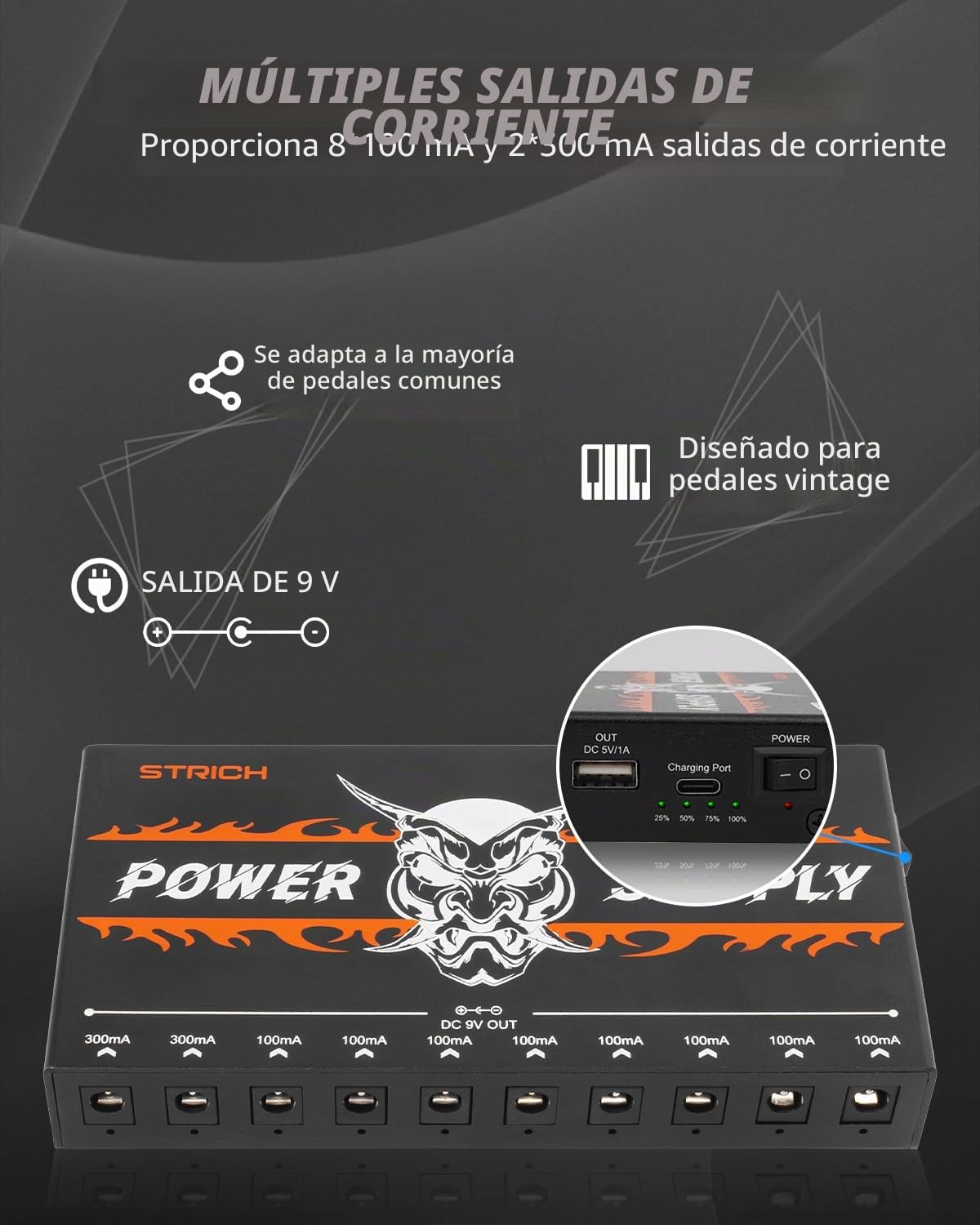 STRICH Fuente de alimentación de Pedal SPS-40B con Conectores Integrados de 10000 mAh, 10 Salidas CC 9 V (2 x 300 mA, 8 x 100 mA) para Pedales de bajo y Guitarra, batería Recargable, Pedal de Efecto