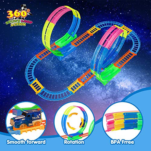 BeebeeRun Kids Race Car Track Sets, Flexible Train Tracks for Toddlers with LED Toy Car, Glow in The Dark Race Track Vehicle Playset for Boys and Girls - Thumbnail 6