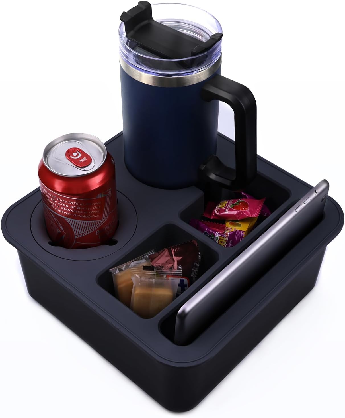Couch Cup Holder Tray, Bonfixe Elastic Clip Stable Back Seat Cup Holder for Cars, 4 Anti-Slip Pads & Food-Grade Silicone Car Caddy Organizer for Bed, Truck, Home, Office, Boat (Black)