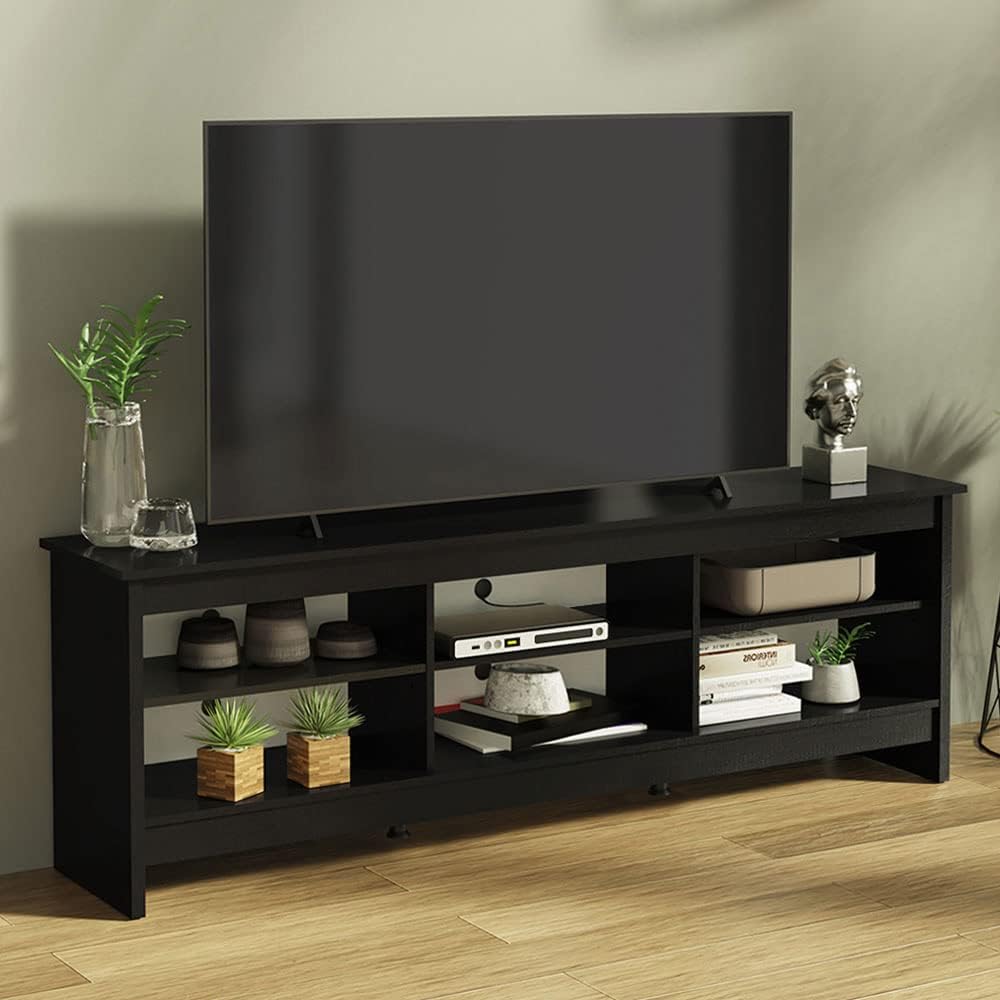 Sleek Black TV Stand with Cabinet and Cable Management, 71" Width