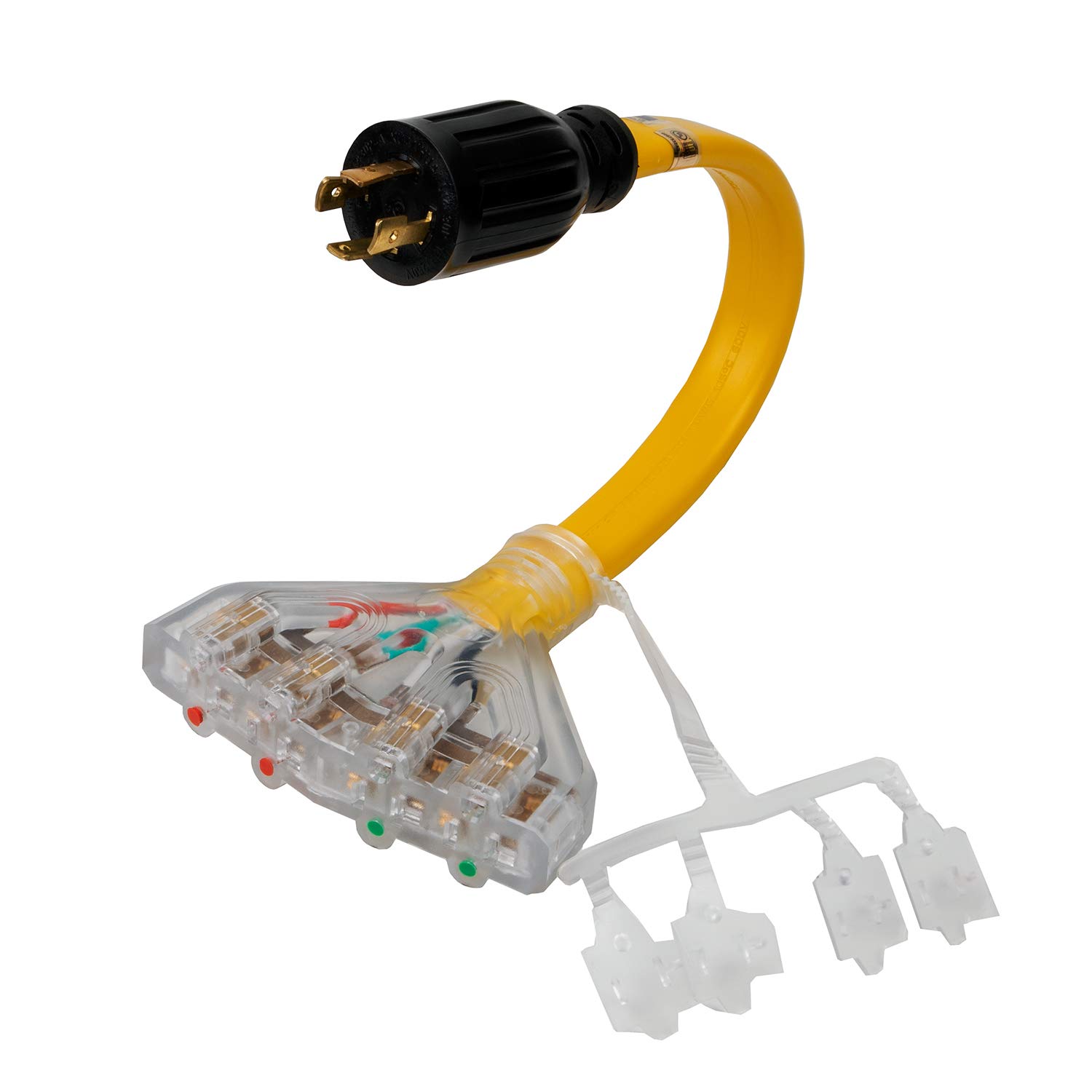 1.5FT Generator 30A 4-Prong to Four Household Adapter Cable, L14-30P to Four 5-15/20R Adapter Cable, Generator 4-Prong 30 Amp to Household T-Blade Female Heavy Duty Power Cord, STW AWG#10 Flat Cables