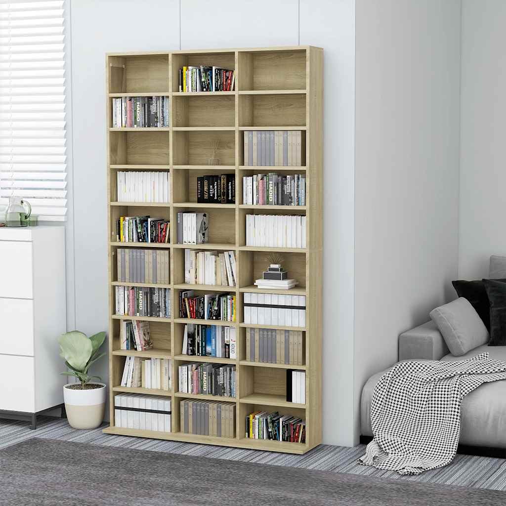 CD-Schrank Sonoma-Eiche Holzwerkstoff 102x23x177,5 cm mit 30 offenen Fächern für Aufbewahrung von Schallplatten, CDs, DVDs und Zubehör im Wohnzimmer oder Büro