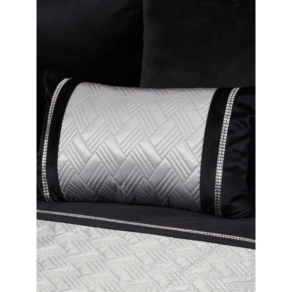 Rapport Capri Filled Boudoir Cushion Bed and Sofa Accessory 30x50cm Black and Silver Velvet