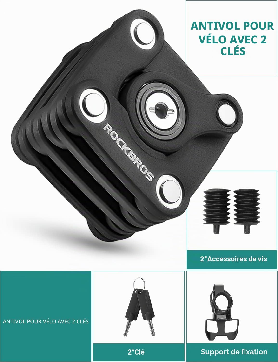 ROCKBROS Antivol Vélo Pliable en Acier Alliage de Zinc Cadenas Sécurité Portable avec Clés et Support de Verrouillage avec 2 Clés (Carré)