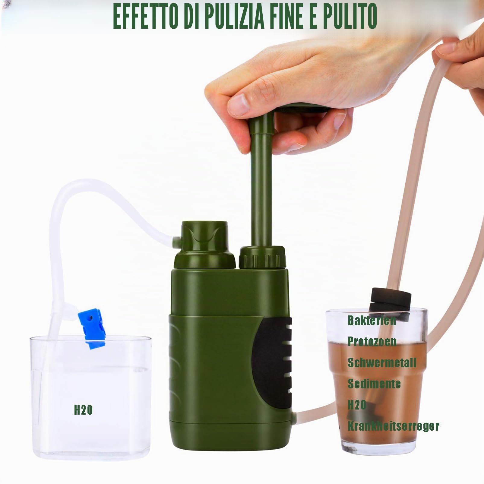 Filtro acqua da esterno 5000 litri, di sopravvivenza per acqua potabile | purificatore d'acqua portatile per apparecchiature di emergenza, verde militare